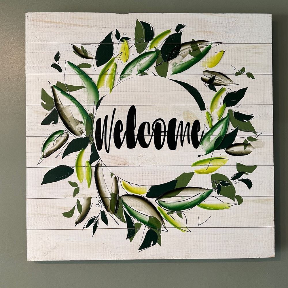 White Shiplap Style Welcome Sign With Floral Wreath